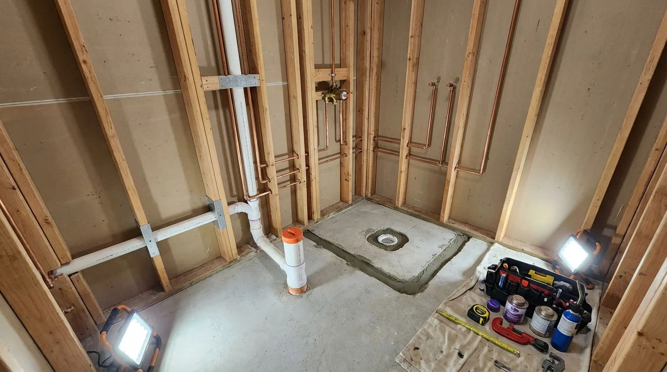 Bathroom rough-in plumbing during remodel by Johns Plumbing LLC in Stowe