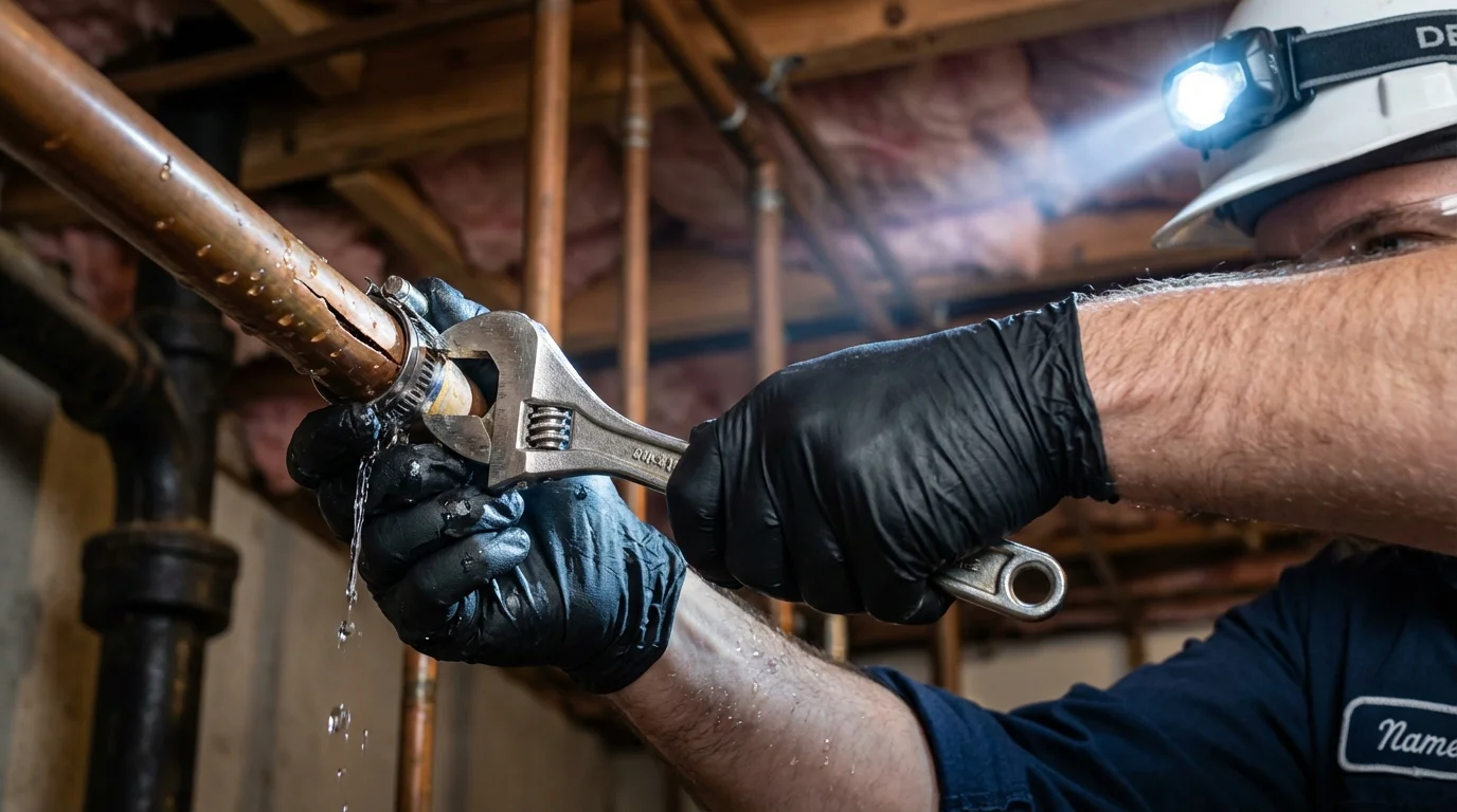 Emergency pipe clamp repair being performed by a Johns Plumbing LLC plumber in Stowe