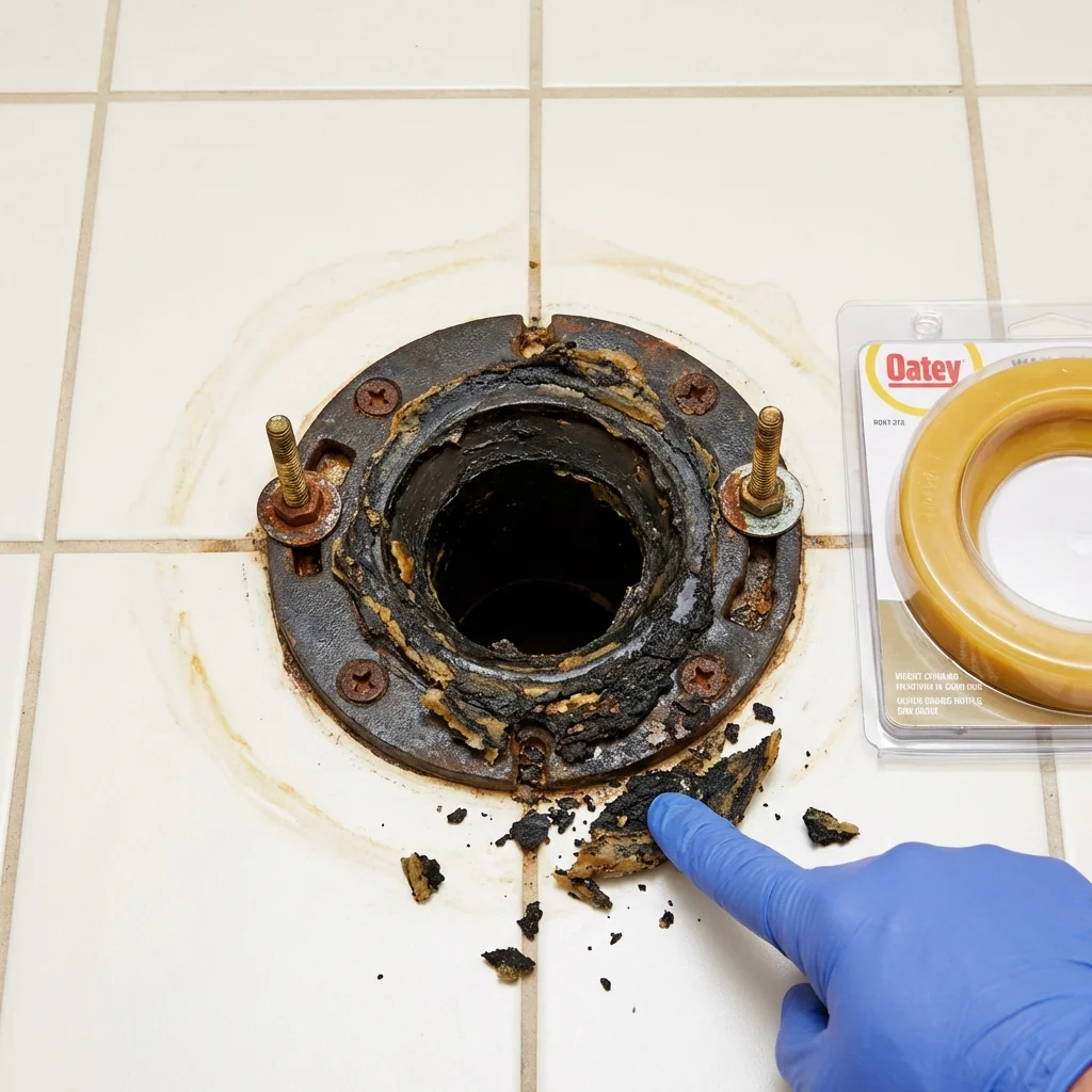 Failed wax ring showing water seepage at the base of a toilet in a Stowe, VT home