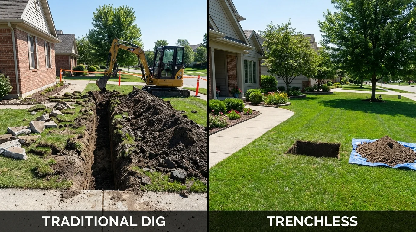 Trenchless sewer repair with minimal yard damage versus traditional excavation in Stowe, VT